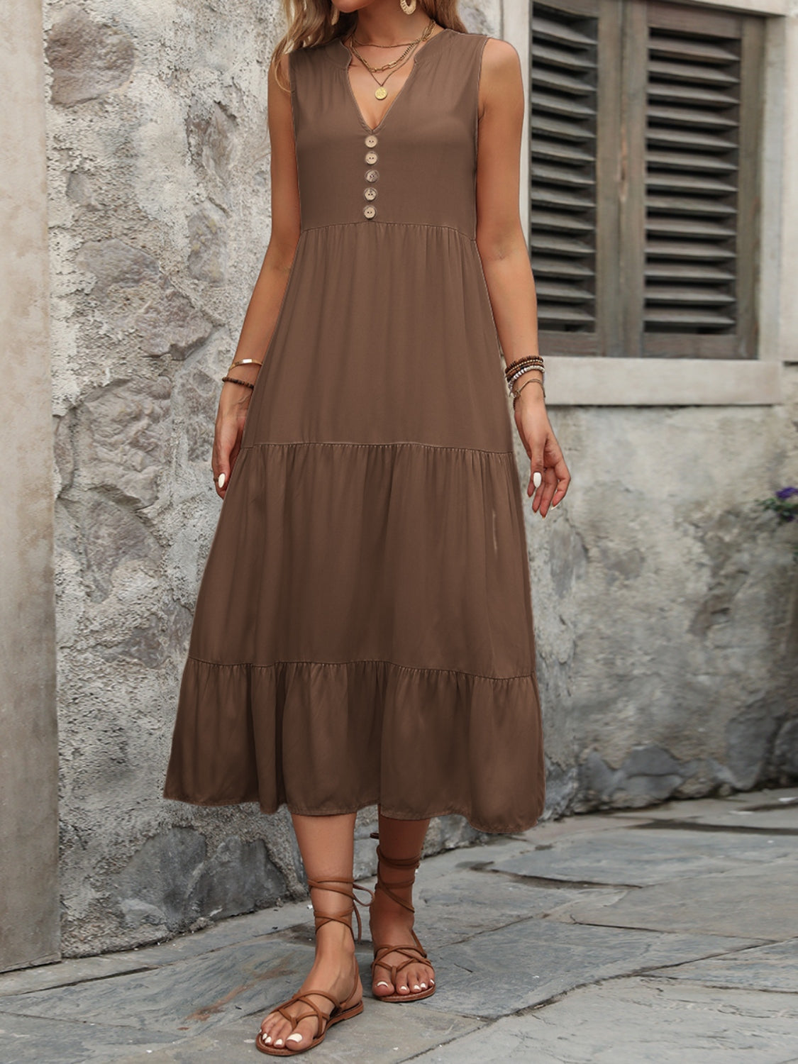 Decorative Button Notched Sleeveless Dress - store name